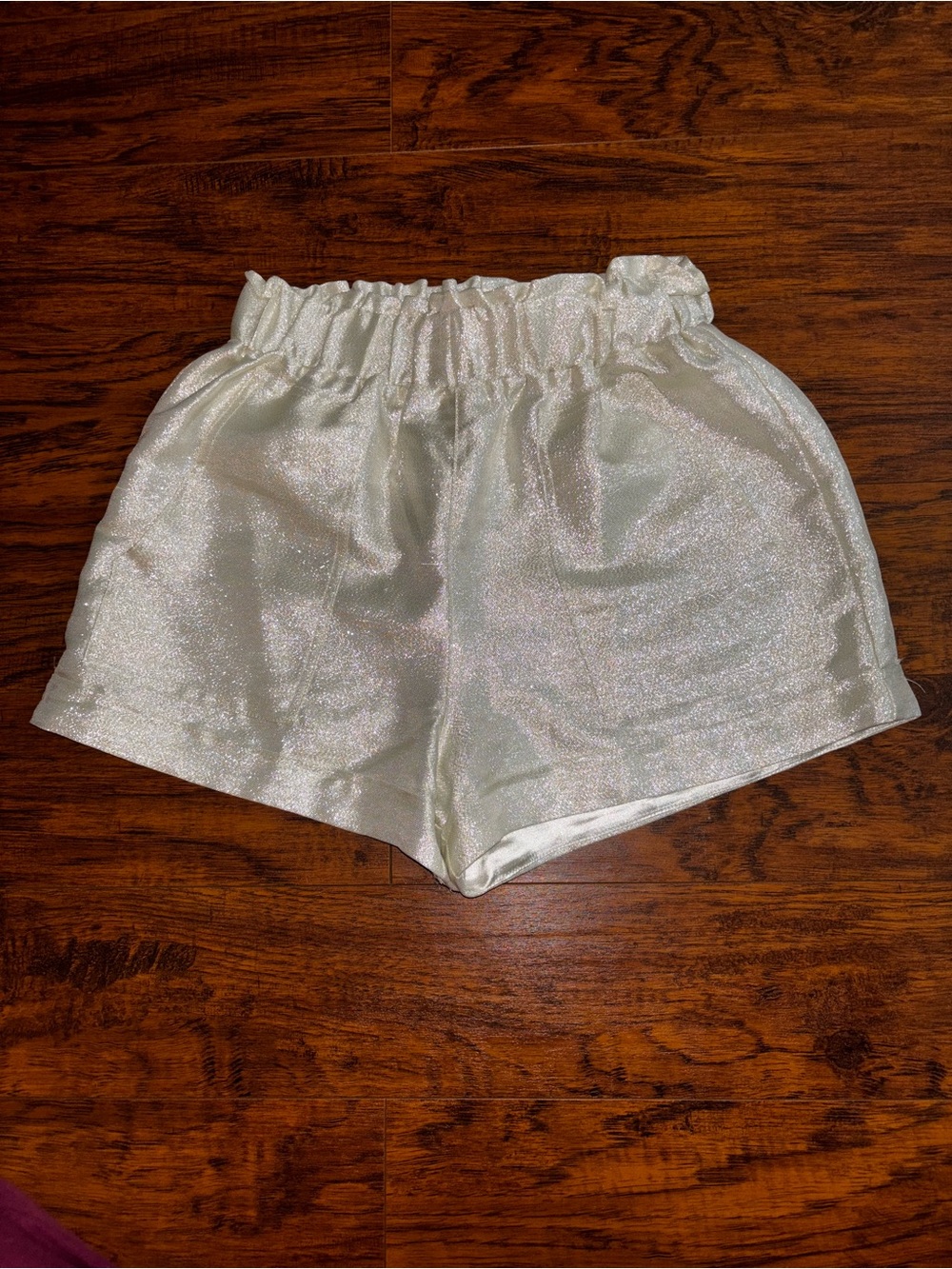 glam High-Waisted Elastic Waist Shorts Shimmery Sparkly White Cream Party Shorts
